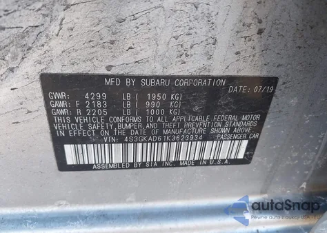 2019 Subaru Impreza 2.0I Premium из США, поврежденный, VIN 4S3GKAD61K3623934